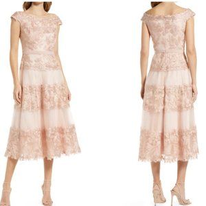 Tadashi Shoji Adriane Floral Embroidered Tea-Length Off-the-Shoulder Dress - 10
